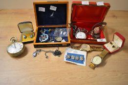 An assortment of costume jewellery, including pocket watches, a Wedgwood necklace and clip on