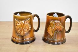 Two vintage SylvaC Pottery tankard mugs,to include Fox (2376) and Dog (2375) portrait relief