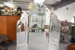 An early 20th-century Venetian-style triptych vanity mirror with floral etched glass detailing, 52cm