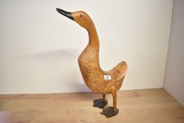 A sweet contemporary carved hardwood duck statue, unmarked, 45cm tall, condition is consistent