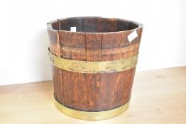 Thought to be 18th/19th-century mahogany and brass-bound peat/coal bucket, unmarked, 21cm in