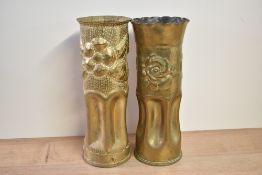 Two early 20th-century World War II (1940) brass trench art vases, made from a Mark 2 case for a