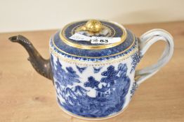 An 18th-century Chinese export porcelain teapot, featuring a hand painted blue and white traditional