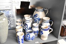 A collection of three German mid-century/modern Kleiraba Handarbeit blue-decorated stoneware
