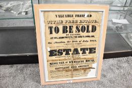 Of local Lancastrian interest, a framed Victorian land auction poster from 1844 advertising the sale