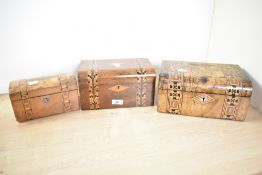 Three late 19th-century walnut Tunbridge Ware boxes, each having intricate geometric marquetry
