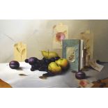 Mike Woods (British b.1967) Oil on board, a still life study depicting a sketchbook amongst fruit,