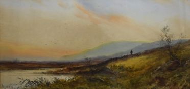 19th/20th Century English School Watercolour depicting a shepherd with flock at sunset, signed