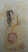 Contemporary Middle Eastern lithograph depicting a dancing woman with wine decanter and glass,