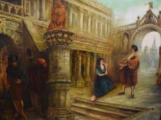 M Cecil (19th/20th century) large oil on canvas, genre scene with troubadour serenading a young
