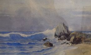 Jno W.Vose (19th Century) Watercolour, a shoreline landscape with waves breaking onto rocks,