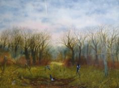 *Local Interest* C.E Rich (British Contemporary) Watercolour '3 Magpies', a detailed study of the