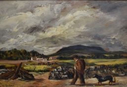 W.Burns (20th Century) Oil on board 'Heading Home, Slemish Mountain' a man and dog walking