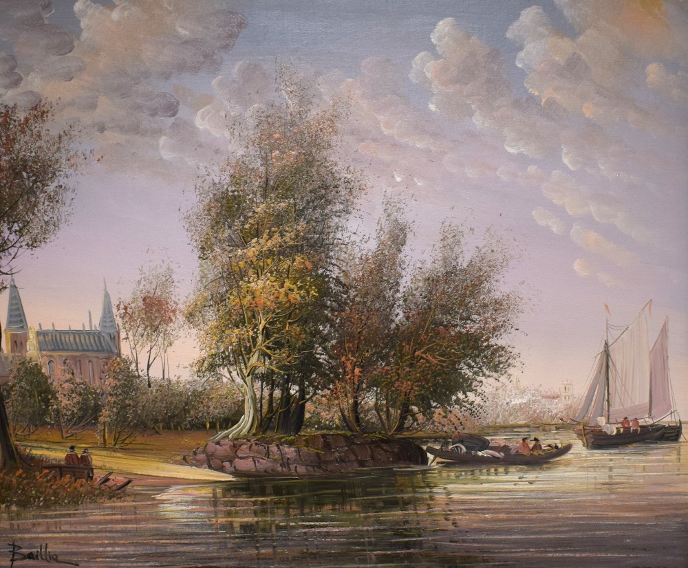Ballie (20th Century) A pair of oils on canvas, estuary scenes in warm tones with sailboats and - Image 5 of 8