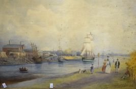 J Morton (20th Century) Watercolour 'On the Clyde Opposite Barclay's Slip Dock, From Lithograph by