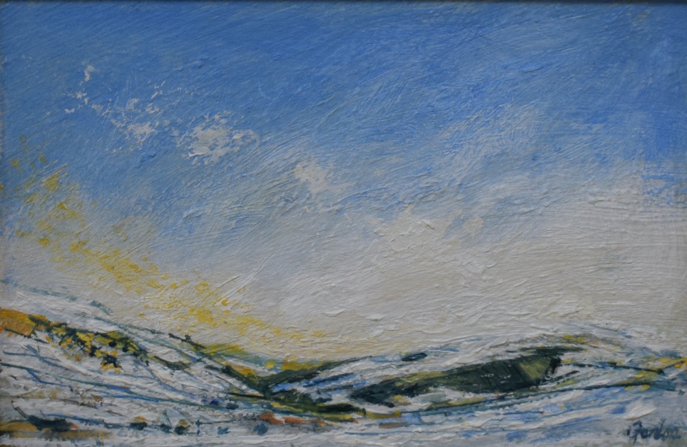 Frank Gordon (British B.1943) Oil on board 'Snowfall', capturing winter over the Yorkshire Dales,