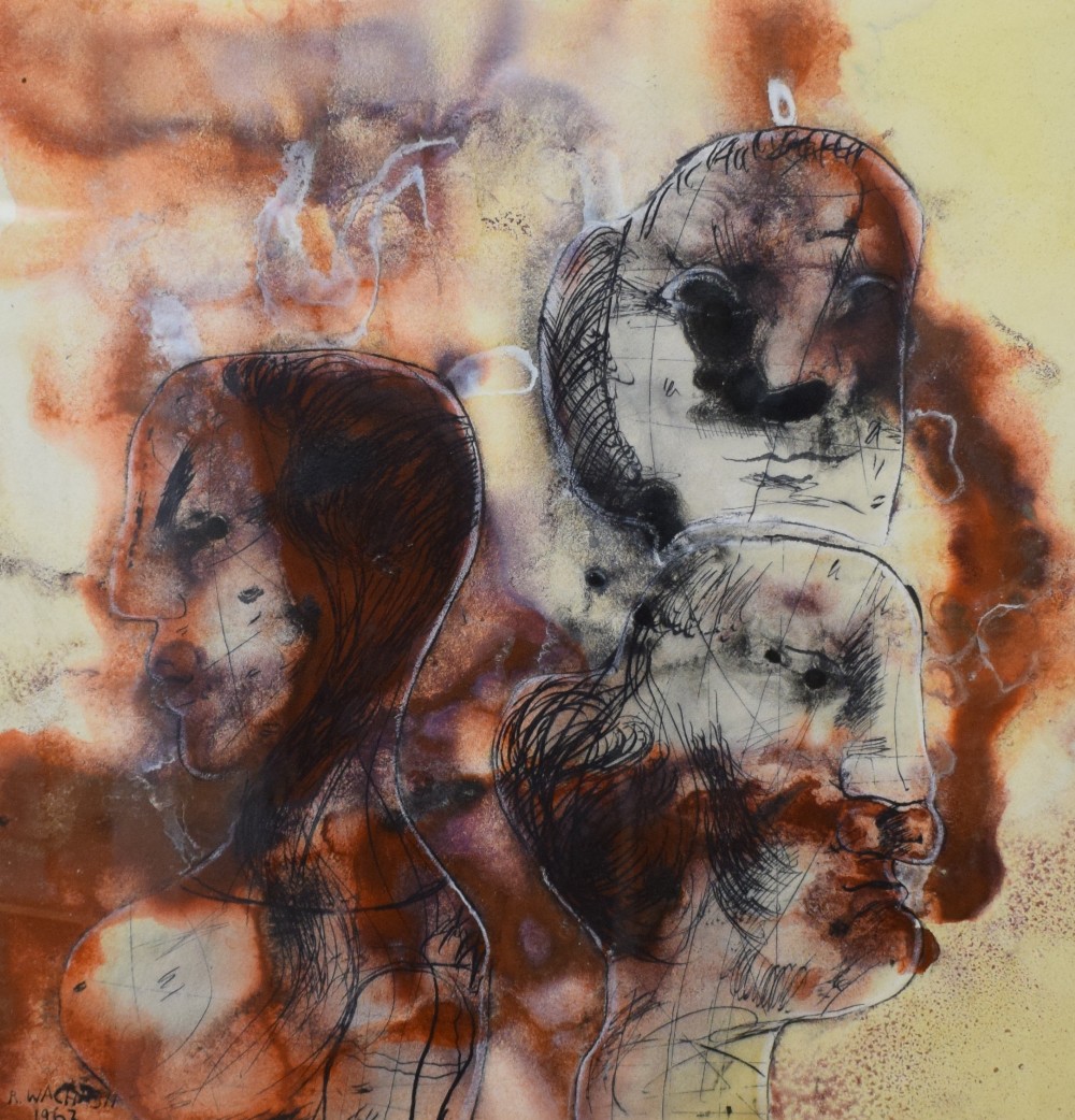 Rafael Wachash (Israeli b. 1941) Mixed media, a portrait study capturing three heads in a rust