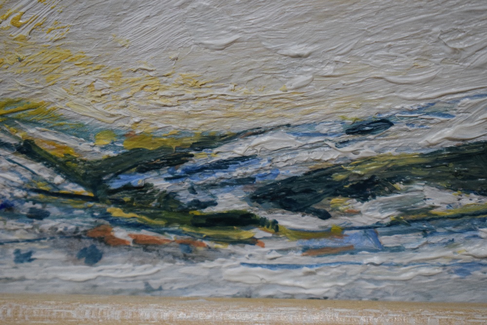 Frank Gordon (British B.1943) Oil on board 'Snowfall', capturing winter over the Yorkshire Dales, - Image 5 of 6