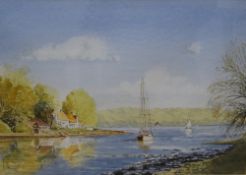 Eric Haynes (British 20th Century) Watercolour 'Quiet at Tuckenhay', featuring boats moored on the
