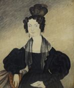 A 19th Century watercolour/pen and ink portrait miniature 'Mrs Pennell', depicted holding a letter