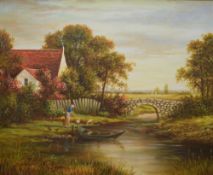 S. Solow (20th century) oil on canvas, rural river cottage scene with figure feeding ducks, signed