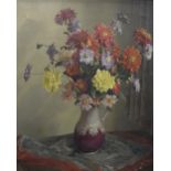 Evans (20th Century) Oil on canvas still life study, a jug of vibrant flowers on a table, signed and