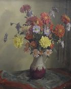Evans (20th Century) Oil on canvas still life study, a jug of vibrant flowers on a table, signed and