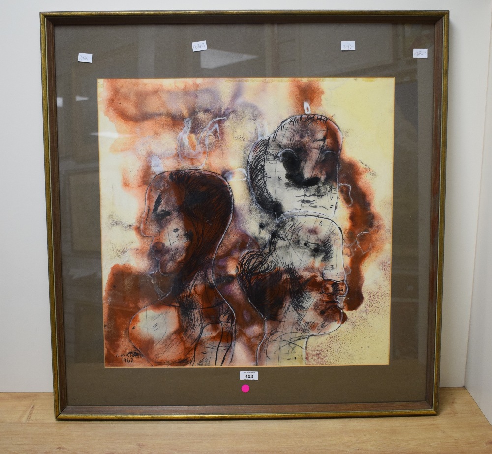 Rafael Wachash (Israeli b. 1941) Mixed media, a portrait study capturing three heads in a rust - Image 2 of 5