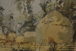 William Dring (British 1904 - 1990) Watercolour 'Thatching the Rick', depicting a thatcher working