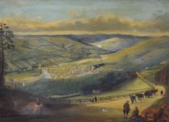 A 19th Century oil on canvas, panoramic landscape with figures, possible faded signature lower left,