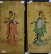 A pair of 20th century Chinese inspired figural watercolours, the first depicting a lady in