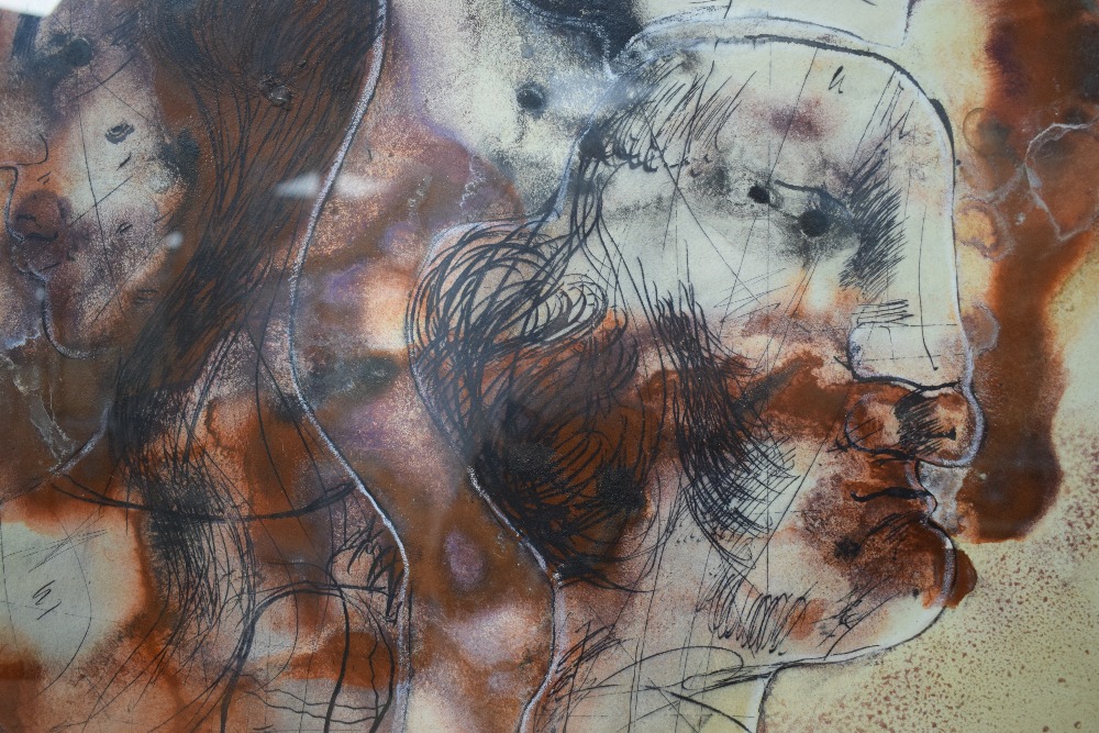 Rafael Wachash (Israeli b. 1941) Mixed media, a portrait study capturing three heads in a rust - Image 4 of 5