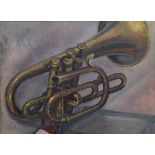 Stanley Herbert Gill (British 1912 - 2000) Oil on board, a still life study of a brass cornet on a