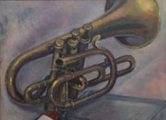 Stanley Herbert Gill (British 1912 - 2000) Oil on board, a still life study of a brass cornet on a