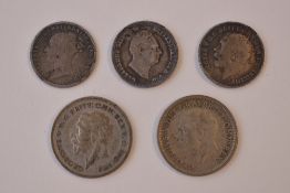 A William IV 1836 Silver Fourpence, A Queen Victoria 1886 Silver Threepence, A George V 1917
