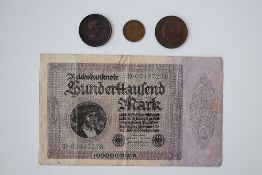 A German 1923 100,000 Mark Banknote, Portrait Of Georg Gisze No D. 02447278. A George III 1806