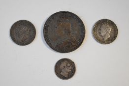 A Queen Victoria 1892 Silver Crown, Jubilee Head. Two George IV 1826 Silver Shillings, Rev Lion On
