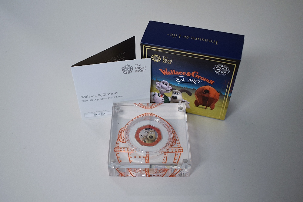 A Royal Mint 2019, 30th Anniversary Of Wallace And Gromit Silver Proof Fifty Pence With Colour,