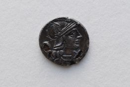A Silver Or Silver Plated Roman Denarius, Sextus Pompeius 137 BC, Helmeted Head Of Roma , Rev