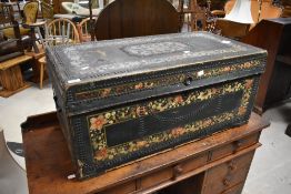 An attractive late 19th century Chinese export green stained, hand decorated, brass studded