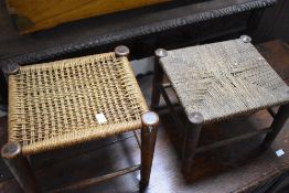A 20th century string seated stool, of square outline with turned supports and stretchers 27cm x