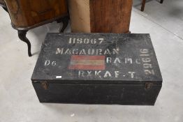 A vintage tin trunk, possibly military related, width approx. 88cm