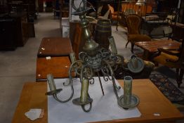 A large brass Dutch style multi branch candelabra style light fitting 83cm tall