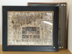 Two framed and glazed 19th century needlework samplers, the larger performed by Anne Bradley aged