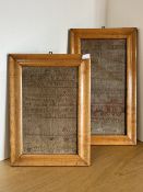 Two framed late George III needlework samplers, the larger measuring 20.5 x 11.5 inches overall, has