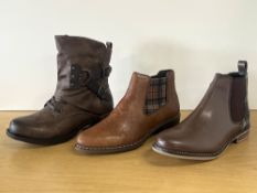 Three pairs of casual boots to include two brown pleather Chelsea styles with tartan elastic panels,