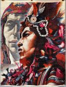 A vintage blanket or hanging in fleece which depicts a portrait of two First Nations people or