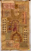 A antique Eastern prayer mat tapestry featuring various techniques such as applique, embroidery,
