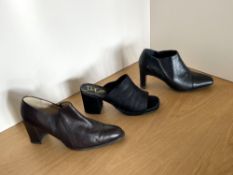 Three pairs of 1990s ladies heels, to include D E Shoes slingback mules in black matte satin, with a