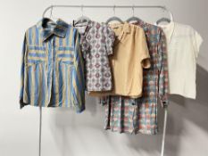 Five 20th century blouses to include a funnel collared in blue and taupe striped cotton, a pussy-bow
